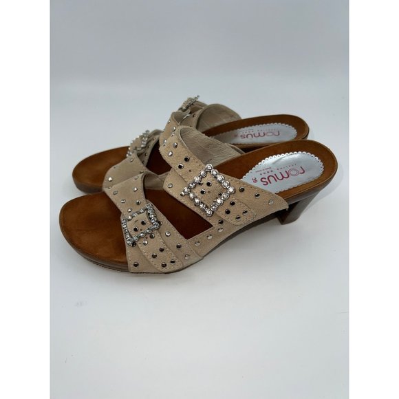 NEW ROMUS OPEN TOE HIGH HEEL SLIP ON BROWN SUEDE SANDALS W/ RHINESTONES Size 39 - Picture 1 of 6